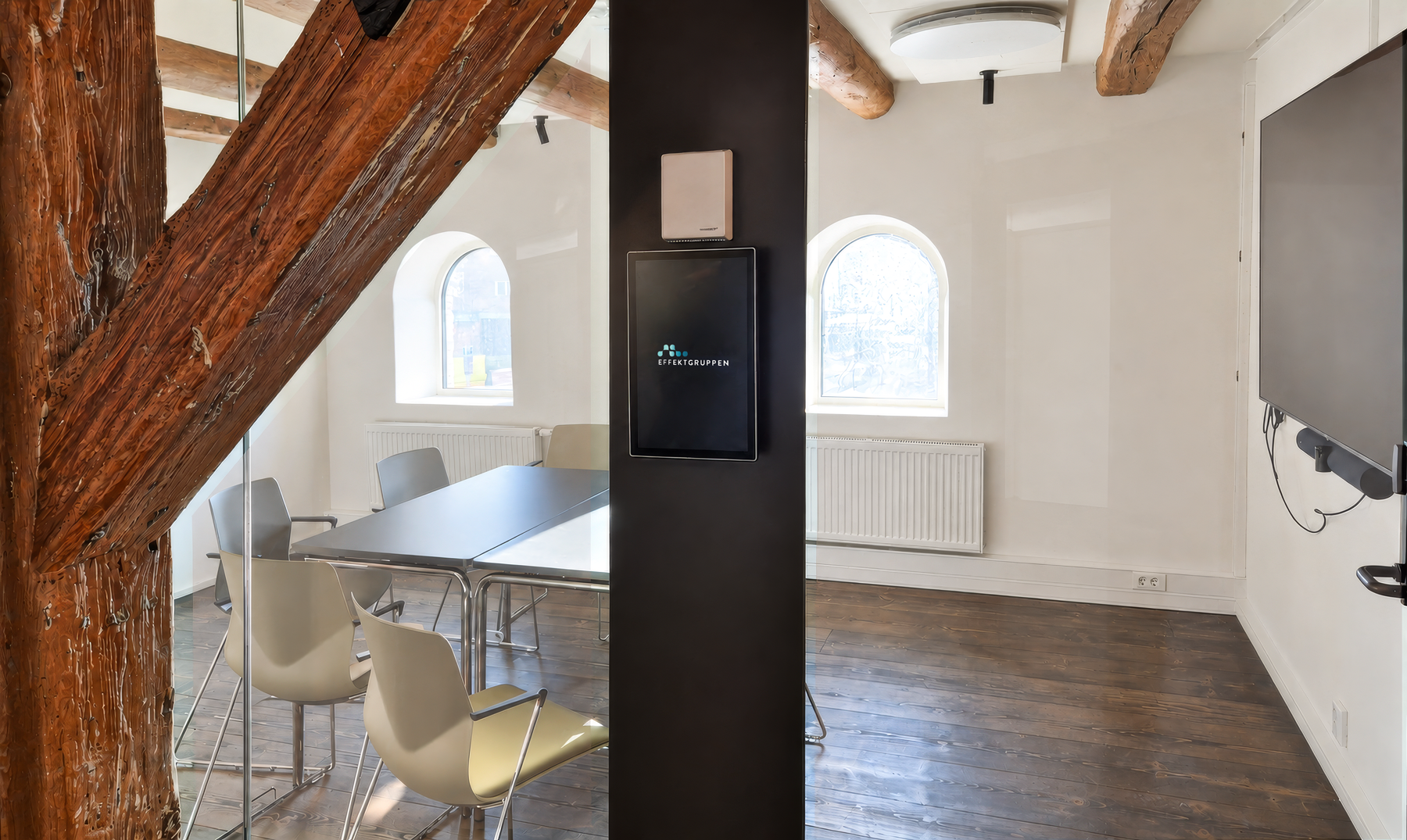 Meeting room at Willow Hotel with integrated display and AV technology